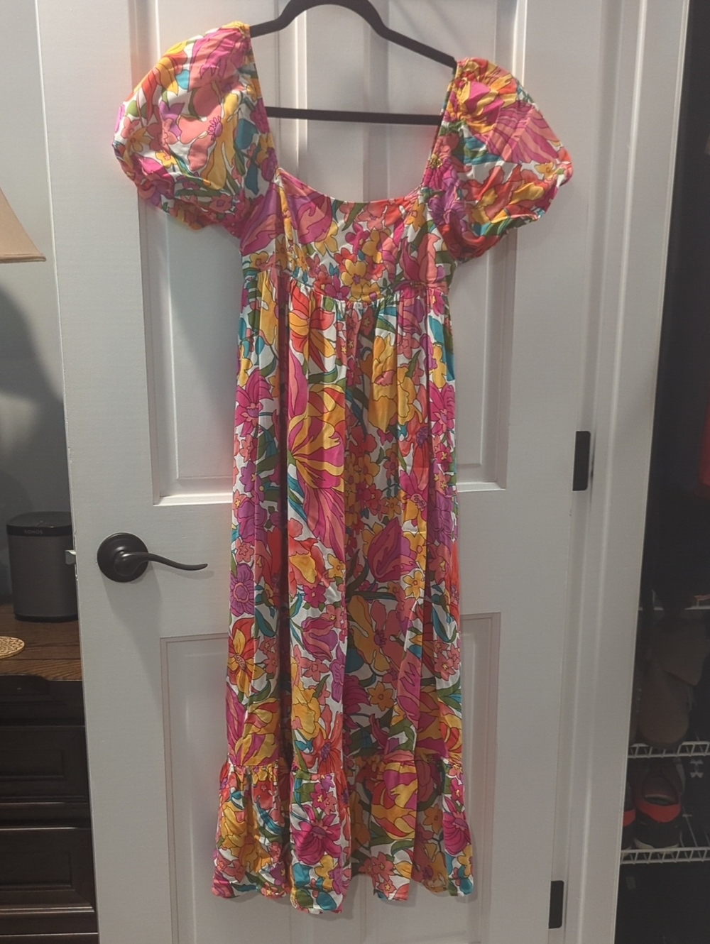 Storia Pink Floral Maxi Dress with Puff Sleeves